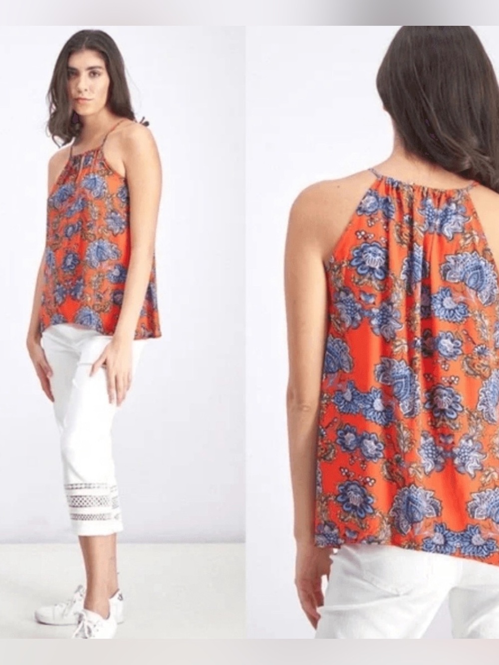 Stitch Orange Floral Halter Blouse with Blue Print - Women's Summer Top